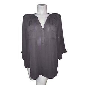 Torrid Women Size 2 Dark Grey Georgette Roll-Tab Sleeve V-Neck Blouse Top